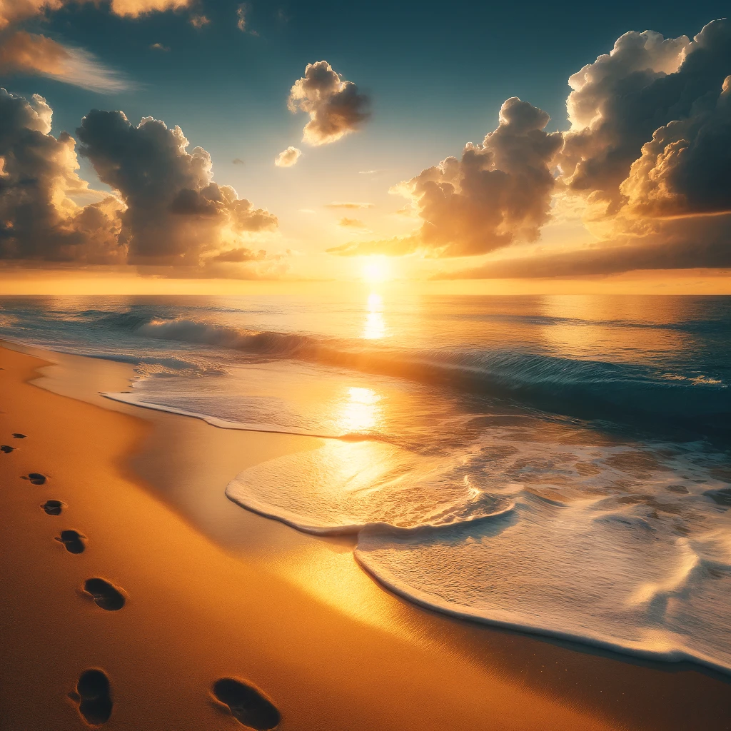 DALL·E 2024-08-07 13.48.36 - A high-resolution photograph of a serene beach at sunset, with golden light reflecting off the calm waves, a few scattered clouds in the sky, and foot.webp