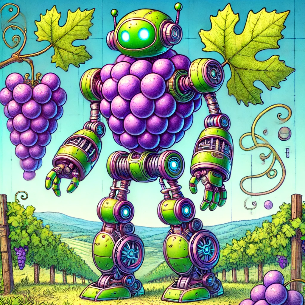 DALL·E 2024-06-13 16.05.32 - A detailed illustration of a robot inspired by grapes. The robot should have a cluster of grape-like shapes for its body, with a purple and green colo.webp