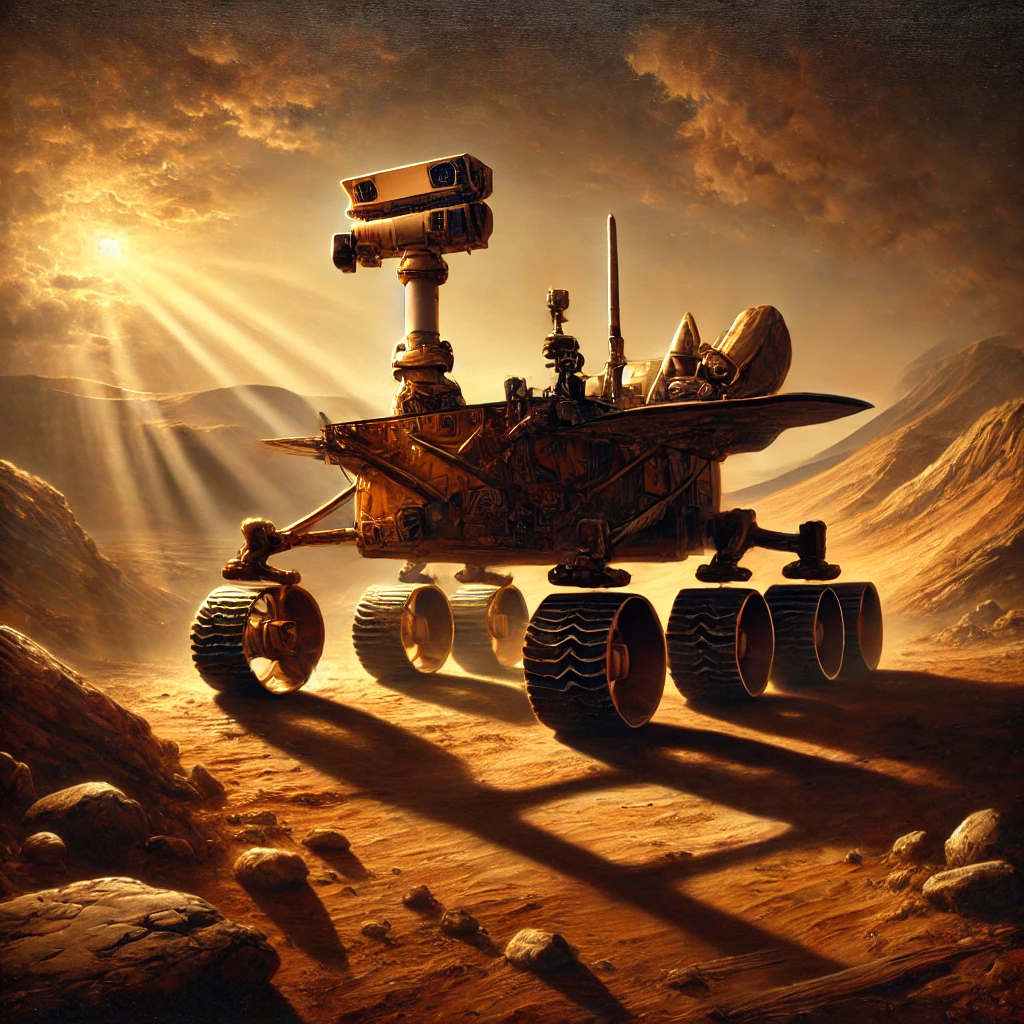 DALL·E 2024-09-23 10.11.09 - A painting of a Mars exploration rover depicted in the Renaissance art style. The scene features dramatic chiaroscuro with intricate light and shadow .webp