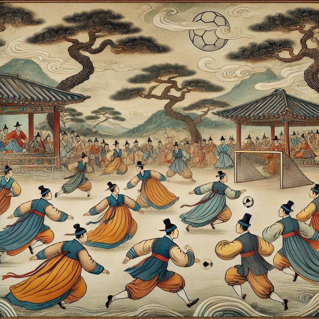 DALL·E 2024-08-19 17.46.22 - A traditional Korean painting in the style of Kim Hong-do, depicting a soccer match. The scene is set in a rural Joseon-era village, with players dres.webp