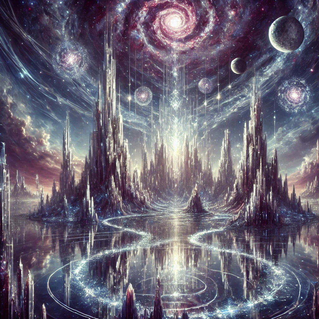 DALL·E 2024-08-27 17.38.48 - An abstract, metaphysical image featuring an otherworldly landscape. The scene includes towering, crystalline structures that rise from a reflective, .webp