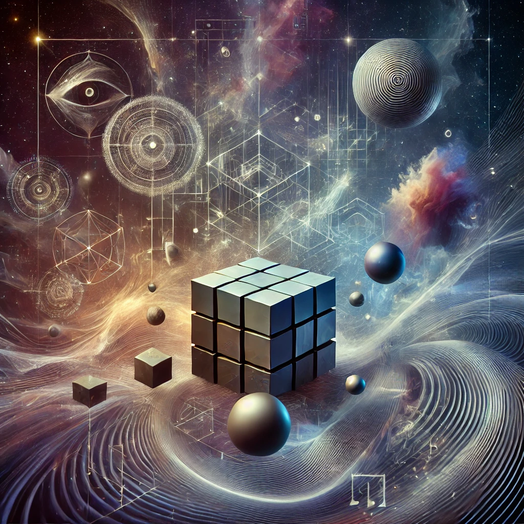 DALL·E 2024-08-27 17.36.54 - A surreal and abstract image representing metaphysical concepts. The scene features floating geometric shapes like spheres, cubes, and pyramids, inter.webp