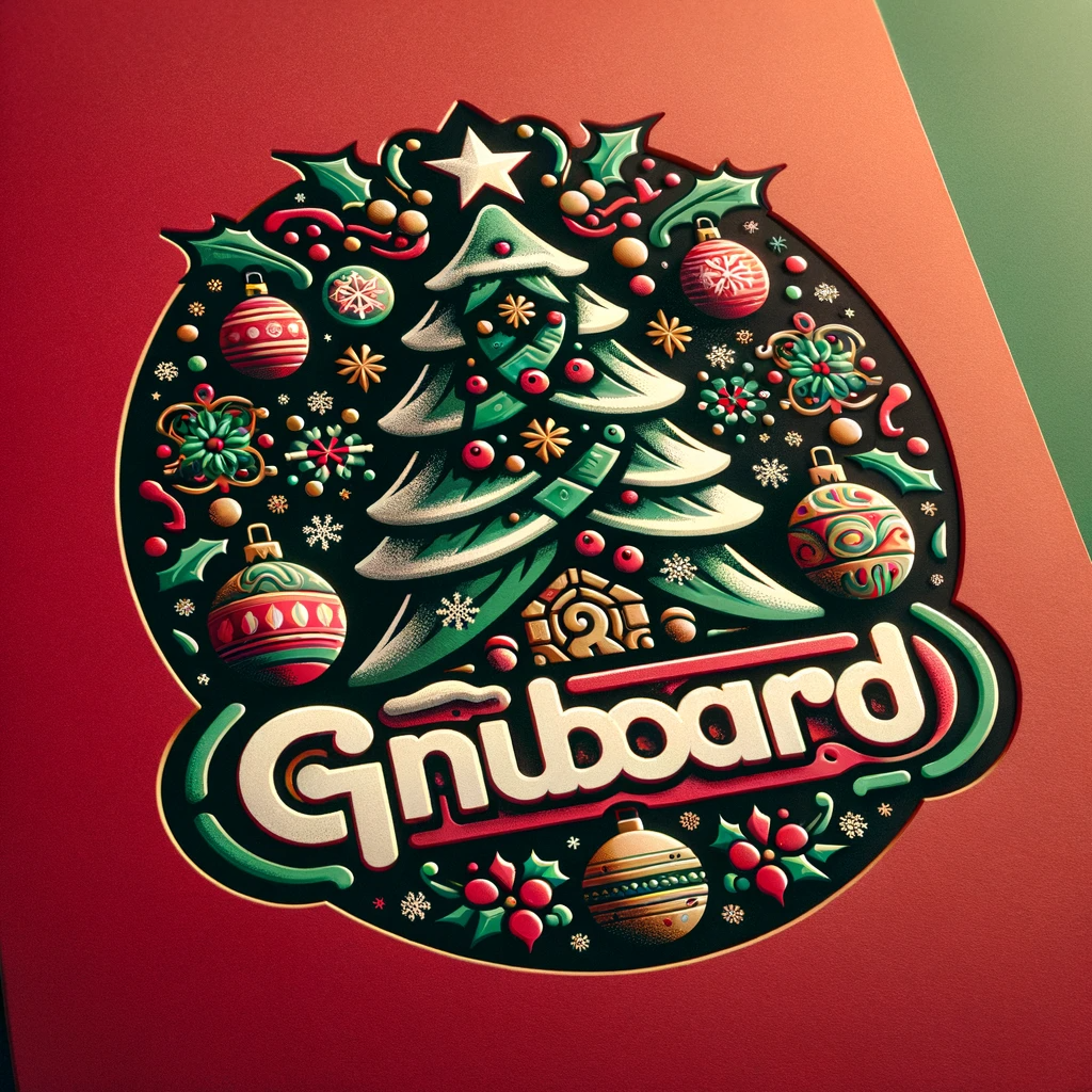 DALL·E 2023-12-13 12.19.16 - A Christmas-themed logo featuring GNUBOARD. The design should include classic holiday symbols such as Christmas trees, ornaments, and snowflakes, in.png