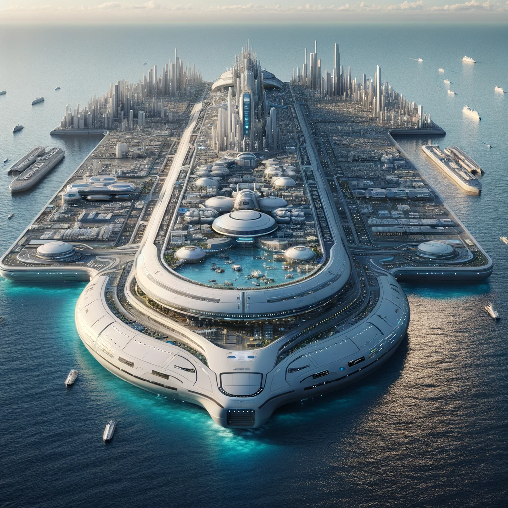 DALL·E 2023-12-11 12.00.45 - A futuristic city-ship floating on the ocean, designed to house a population of 100,000. This massive vessel includes a variety of buildings, factorie.png